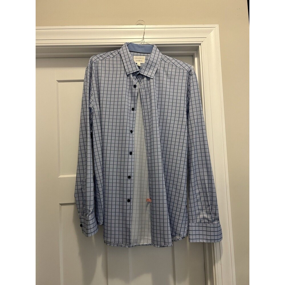 ConStruct Men's 4-way Stretch Dress Shirt Size Xl Blue Plaid Comfort Preppy Work